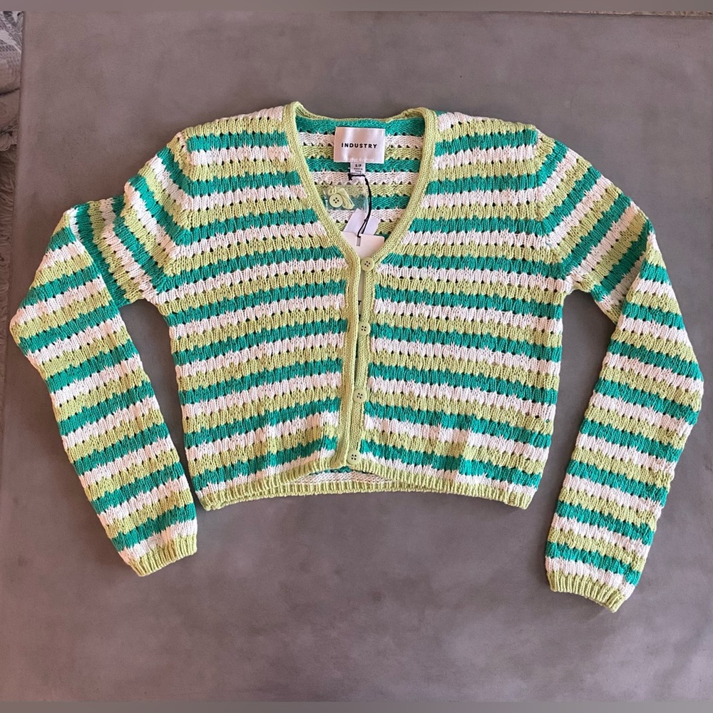 Industry crochet cropped cardigan lime green white stripe sweater